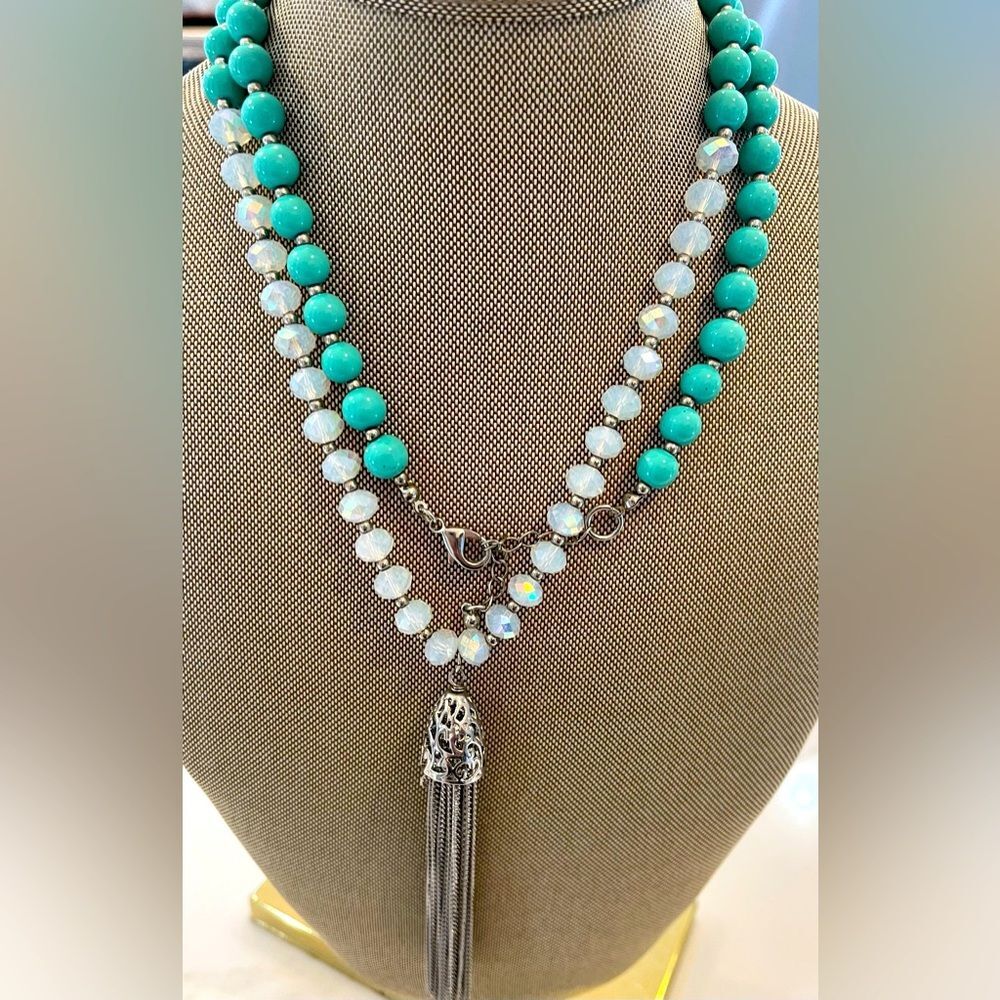 Turquoise with Silver and White Milky white Glass Long Beaded Tassel Necklace